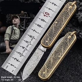 Han Dao Totem Pocket Knife Damascus Steel Rose Pattern Folding Mini Portable Knife