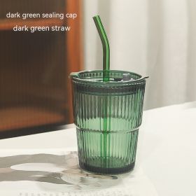 Striped Bamboo Glass Ins Wind Straw With Cover Water Cup (Option: Dark Green-400ml)