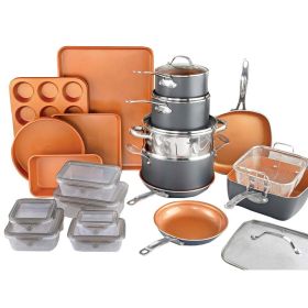 32 Piece Cookware Set, Bakeware and Food Storage Set, Nonstick Pots and Pans (Color: Gray)